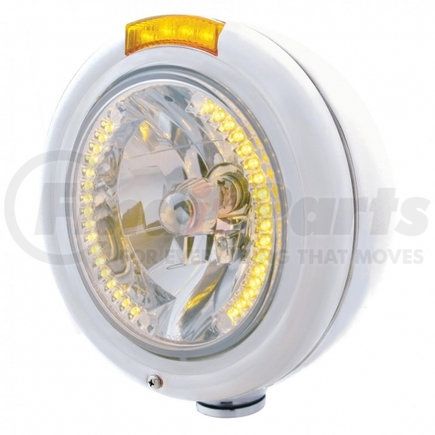 United Pacific 32472 Headlight - RH/LH, 7", Round, Polished Housing, H4 Bulb, with 34 Bright Amber LED Position Light and 4 Amber LED Signal Light, Amber Lens