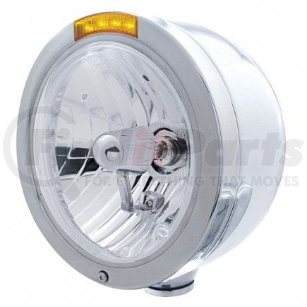 United Pacific 31713 Headlight - Half-Moon, RH/LH, 7", Round, Polished Housing, Crystal H4 Bulb, with Bullet Style Bezel, with 4 Amber LED Signal Light with Amber Lens