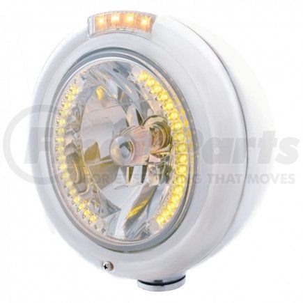 United Pacific 32471 Headlight - RH/LH, 7", Round, Polished Housing, H4 Bulb, with 34 Bright Amber LED Position Light and 4 Amber LED Dual Mode Signal Light, Clear Lens