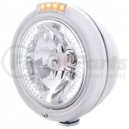United Pacific 32475 Headlight - RH/LH, 7", Round, Polished Housing, H4 Bulb, with 34 Bright White LED Position Light and 4 Amber LED Dual Mode Signal Light, Clear Lens