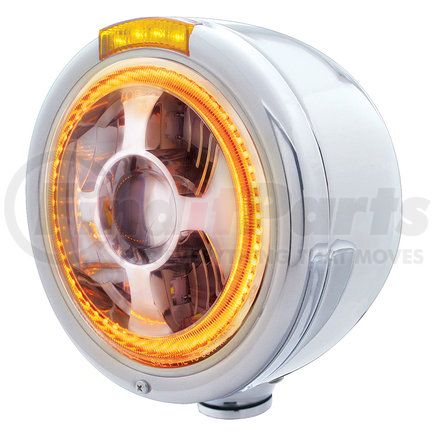 UNITED PACIFIC 32813 Projection Headlight - Half-Moon, RH/LH, 7", Round, Polished Housing, with Bullet Style Bezel, with 4 Amber LED Signal Light, Amber Lens