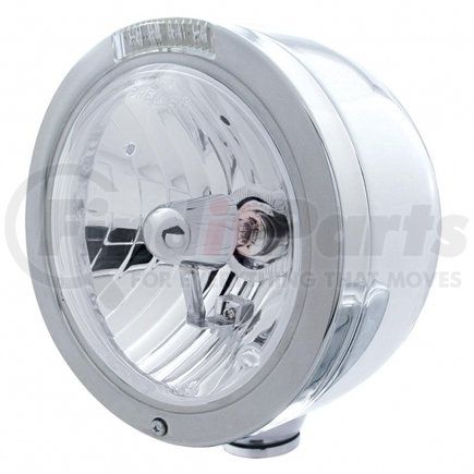 United Pacific 31714 Headlight - Half-Moon, RH/LH, 7", Round, Polished Housing, Crystal H4 Bulb, with Bullet Style Bezel, with 4 Amber LED Signal Light with Clear Lens
