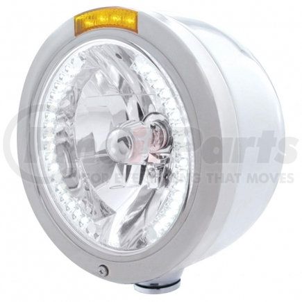 UNITED PACIFIC 32450 Headlight - Half-Moon, RH/LH, 7", Round, Polished Housing, H4 Bulb, with Bullet Style Bezel, with 34 Bright White LED Position Light and 4 Amber LED Dual Mode Signal Light, Amber Lens
