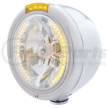 UNITED PACIFIC 32454 Headlight - Half-Moon, RH/LH, 7", Round, Polished Housing, H4 Bulb, with 34 Bright Amber LED Position Light and 4 Amber LED Dual Mode Signal Light, Amber Lens
