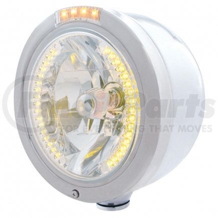 UNITED PACIFIC 32447 Headlight - Half-Moon, RH/LH, 7", Round, Polished Housing, H4 Bulb, with Bullet Style Bezel, with 34 Bright Amber LED Position Light and 4 Amber LED Dual Mode Signal Light, Clear Lens