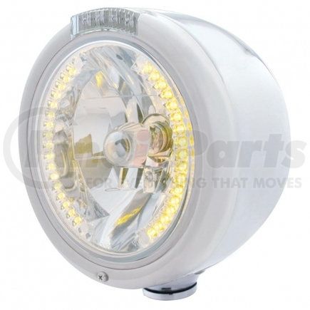 UNITED PACIFIC 32455 Headlight - Half-Moon, RH/LH, 7", Round, Polished Housing, H4 Bulb, with 34 Bright Amber LED Position Light and 4 Amber LED Dual Mode Signal Light, Clear Lens