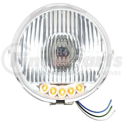 United Pacific 32789 Headlight - Motorcycle, RH/LH, 5-3/4", Round, Chrome Housing, High/Low Beam, H4 Bulb, with 5 Amber LED Auxiliary Light, Side-Mount