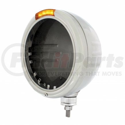 United Pacific 32724 Headlight Housing - Stainless Steel Classic Stripe Headlight No Bulb, with LED Signal, Amber Lens