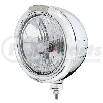 United Pacific 32745 Headlight - 7" Round, Stainless Steel, Classic, with Embossed Stripe Headlight Housing & H4, with 6 Amber LED & Dual Mode LED Signal, Clear Lens