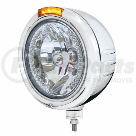 United Pacific 32738 Classic Embossed Stripe Headlight - RH/LH, 7", Round, Polished Housing, H4 Bulb, Bullet Style Bezel, with Amber Position Light and 4 Amber LED Dual Mode Light, Amber Lens