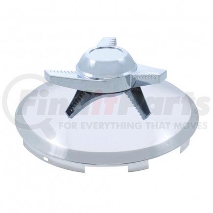 United Pacific 21126 Axle Hub Cap - Front, 6 Uneven Notched, Stainless, with 3 Bar Right Swing Spinner, 7/16" Lip