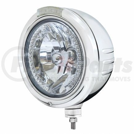 United Pacific 32739 Classic Embossed Stripe Headlight - RH/LH, 7", Round, Polished Housing, H4 Bulb, Bullet Style Bezel, with Amber Position Light and 4 Amber LED Dual Mode Light, Clear Lens