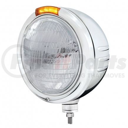 United Pacific 32734 Classic Embossed Stripe Headlight - RH/LH, 7", Round, Polished Housing, 6014 Bulb, Bullet Style Bezel, with Amber LED Dual Mode Light, Amber Lens