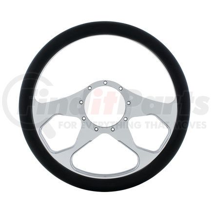 United Pacific 88301 Steering Wheel - 14", Chrome, Aluminum, 3 Spoke Style, with Black Engineered Leather Grip