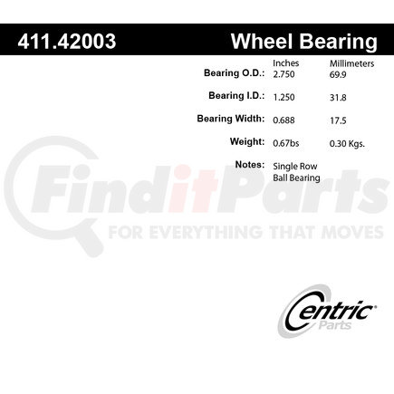 Centric 411.42003 Premium Axle Shaft Bearing Single Row