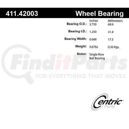 Centric 411.42003 Centric Premium Axle Shaft Bearing Single Row