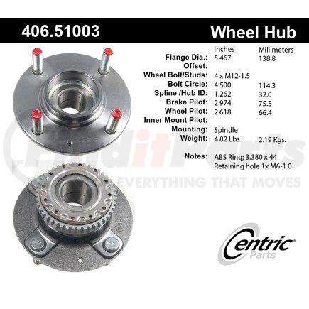 Centric 406.51003 Centric Premium Hub and Bearing Assembly; With ABS Tone Ring