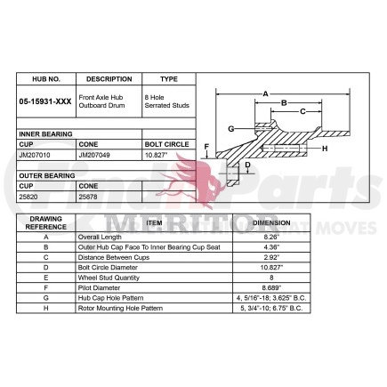 Meritor 05 15931 003 Hub Assembly - Piloted, with Wheel Stud, without Drum or Rotor