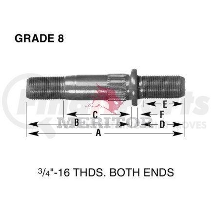 Meritor 09001827 Wheel Stud - RH Thread Direction, 12.7 mm Serration, 3/4"-16 End Threads