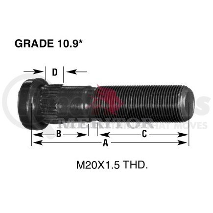 Meritor 09001990 Wheel Stud - RH Thread Direction, Serrated, 0.75" Body Length, M20 x 1.5