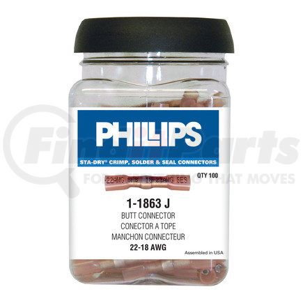 Phillips Industries 1-1863J STA-DRY® CRIMP, SOLDER & SEAL™ Butt Connector-Red, 22-18 ga, 100 pcs., Bag