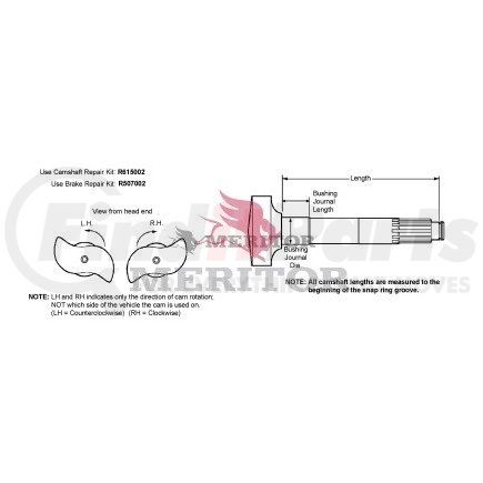 Meritor R607029 Air Brake Camshaft - Right, 12.46" Length, Drive Axle, for 16.50" Brake Diameter