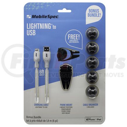 Mobile Spec MBSV02201 USB Charging Cable - Lightning To USB Cable, 6 ft., with 5 Cable Organizers, Phone Vent Mount, White
