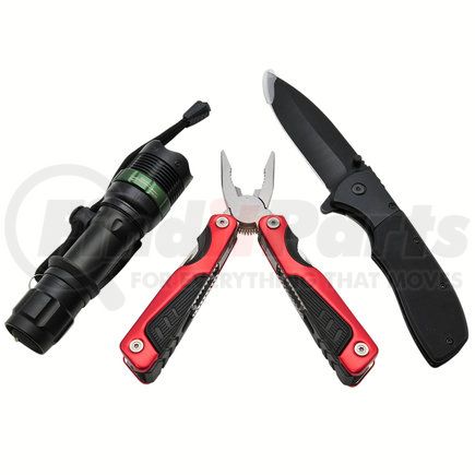 RoadPro 18HS100 Tactical Tool Set - 3-Piece: Flashlight with 3 AA Batteries, 13-in-1 Multi-Tool, Folding Pocket Knife