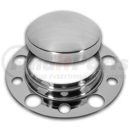 Roadmaster 215-354 Chrome 3 piece front axle cover with removable cap and beauty ring. Fits: 10 Lug, 33mm, 38mm nuts (for 38mm applications all lug nuts must be removed for installation) 20"/22.5"/24.5"
