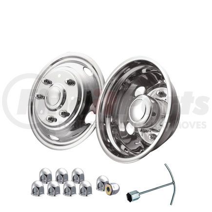 Roadmaster 246ES-OL Fits F450-F550 Ford Series, 2WD-4WD, 8 lug; 5 hand hole; 1999-2002 specify coarse thread; 2003-2004 specifiy fine thread. Over the lug complete front/rear stainless steel simulator set 19.5" x 6"