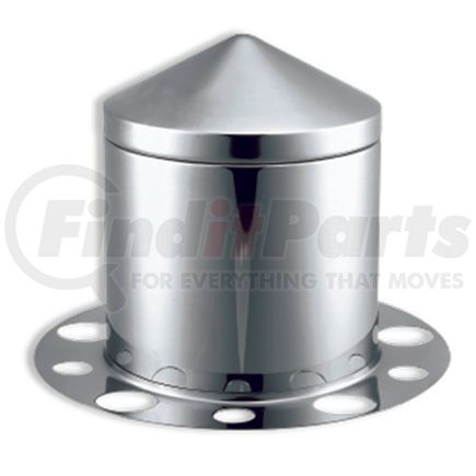 Roadmaster 337S-355S Pointed stainless steel 3 piece rear axle cover with removable cap. Fits: 10 lug, 1.5" nut. For steel wheels only 20"/22.5"/24.5"