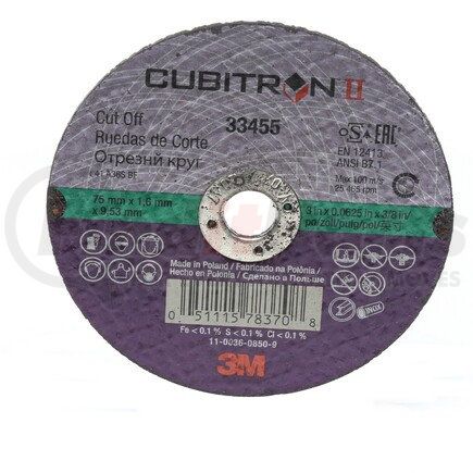 3M 33455 Cubitron™II Cut-Off Wheel, 75 mm x 1.6 mm x 9.53 mm (3 in x .0625 in x 3/8 in), 5 wheels per carton, 6 cartons per case