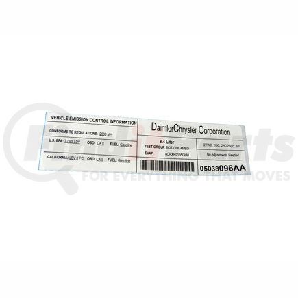 Chrysler 5038096AA Emission Label - fits 2008 Dodge Viper