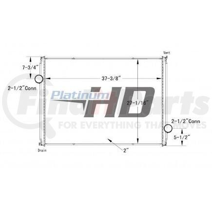 Ford HDC010049PA Design Style  Plastic AluminumHeight  37 3/8 InchesWidth  27 1/16 InchesDepth  2 InchesInlet  2 1/2 Inch Connection 7 3/4 Inches From TopOutlet  2 1/2 Inch Connection 5 1/2 Inches From BottomEngine Oil Cooler  NoTrans Oil Cooler  NoMake  F