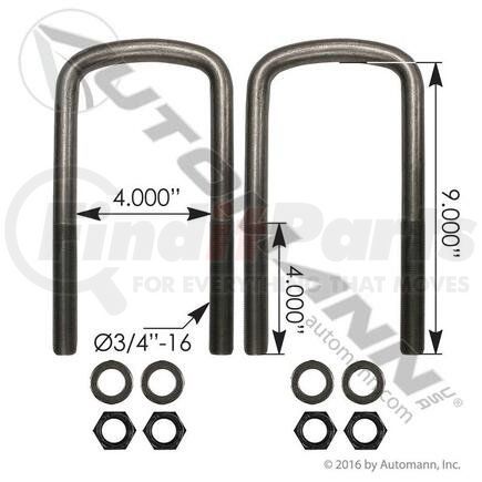 Automann AUBK8354-09 U Bolt Kit, Semi Round 3/4 in. x 4 in. x 9 in.