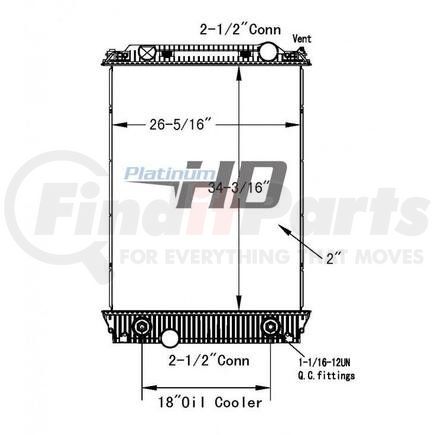 Sterling HDC010136PA Design Style  Plastic AluminumHeight  34 3/16 InchesWidth  26 5/16 InchesDepth  2 InchesInlet  2 1/2 Inch ConnectionOutlet  2 1/2 Inch ConnectionEngine Oil Cooler  NoTrans Oil Cooler  18 Inch With 1 1/16-12UN Quick Connect FittingsMake  Fo