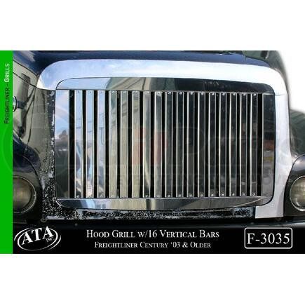 Aranda F-3035 Hood Grill w/16 Vertical Bars Make Freightliner Model Century Years '03 & Older Size 40-1/2x24 Units 1 Unit Material S.S. Gauge 18G Alloy #430 Finish BA