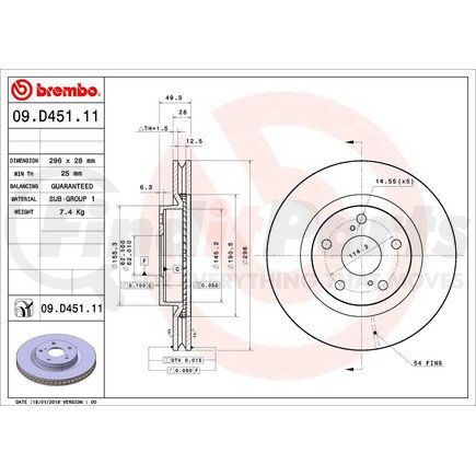 Brembo 09.D451.11 Premium UV Coated Front Brake Rotor