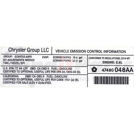 Mopar 47480048AA Emission Label - For 2014 Jeep Wrangler