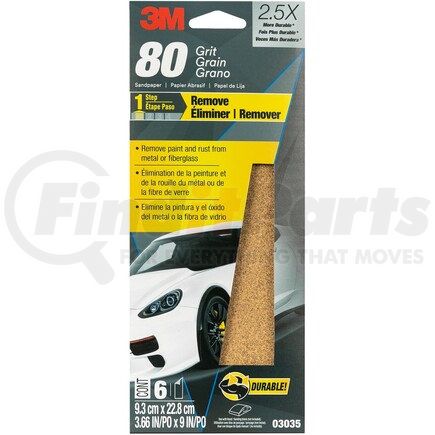 3M 03035 Sandpaper, 80 Grit, 3 2/3 in x 9 in, (6/PKG), Item # 03035