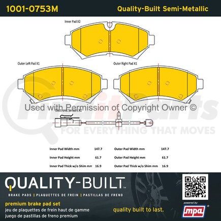 MPA Electrical 1001-0753M Quality-Built Premium Semi-Metallic Brake Pads w/ Hardware