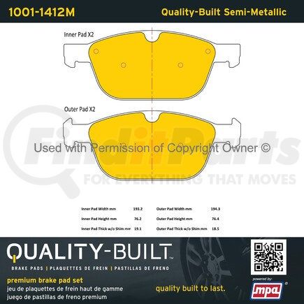 MPA Electrical 1001-1412M Quality-Built Premium Semi-Metallic Brake Pads w/ Hardware