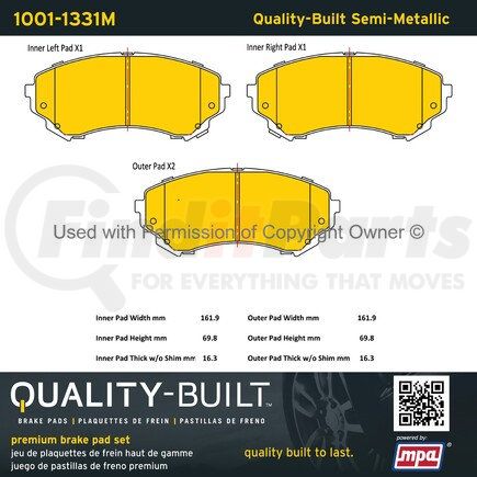 MPA Electrical 1001-1331M Quality-Built Premium Disc Brake Pad Set - Semi-Metallic, with Hardware