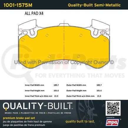 MPA Electrical 1001-1575M Quality-Built Premium Semi-Metallic Brake Pads w/ Hardware