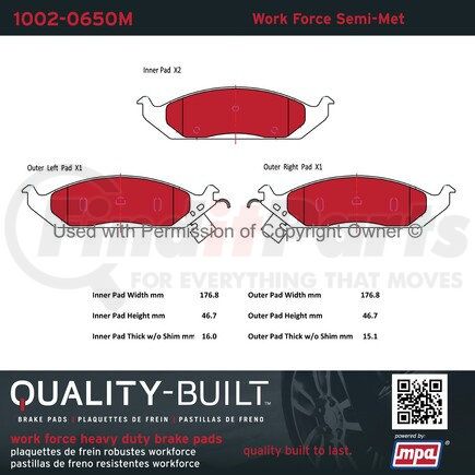 MPA Electrical 1002-0650M Quality-Built Work Force Heavy Duty Brake Pads w/ Hardware