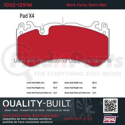 MPA Electrical 1002-1291M Quality-Built Work Force Heavy Duty Brake Pads w/ Hardware