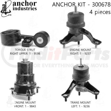 Anchor Motor Mounts 300678 Engine Mount Kit - 4-Piece Kit, (2) Engine Mount Front/Right, (1) Torque Strut, (1) Trans Mount