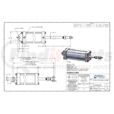 APSCO C-6089-PK Hydraulic Cylinder - Tailgate Latch, 3.5" Bore x 8" Stroke, Double Acting