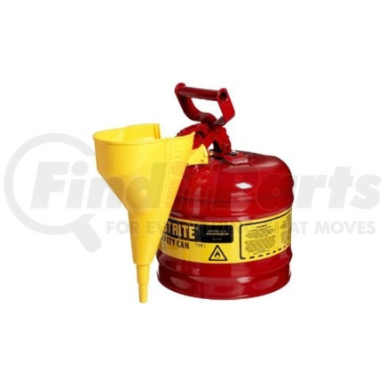 Justrite 7120110 Red Metal Safety Can, Type 1, Two Gallon, with Yellow Plastic Funnel, for Gasoline