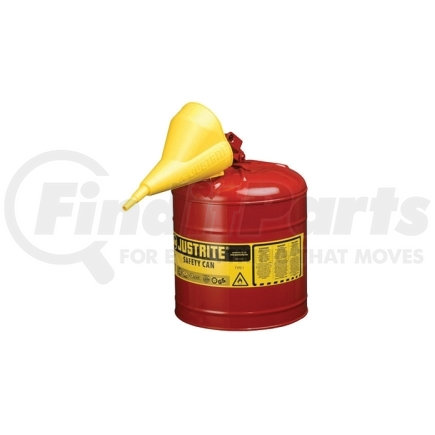 Justrite 7150110 Red Metal Safety Can, Type 1, Five Gallon, With Yellow Plastic Funnel, for Gasoline